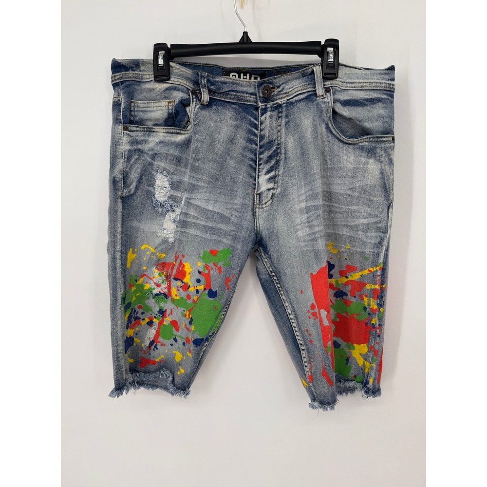 Another Hype Piece Denim Shorts Mens 36 Blue Paint Splatter Raw Hem Distressed